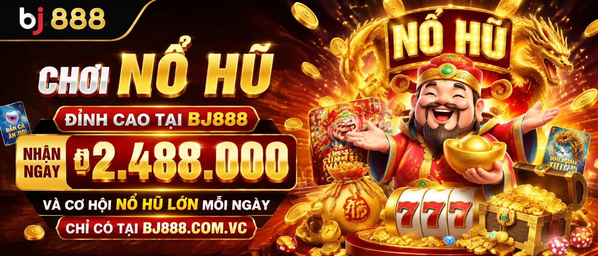 Giao diện bj888 Nổ Hũ với danh mục slot và khu chơi nổi bật